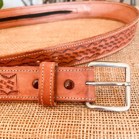 Men’s Tooled Western Leather Belt With Hidden Zipper Pocket Size 40 - Picture 6 of 8